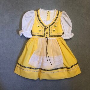 Vintage Girls Yellow Dirndl Dress Oktoberfest Folk Costume Floral Lace Trim